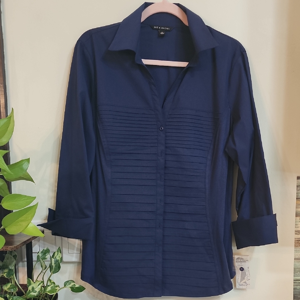 NWT Zac & Rachel Navy Button-Front Pintuck Blouse
